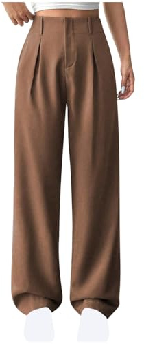 Générique Pantalon Femme Coupe Large Taille Haute avec Plis Jambes Longues Tombé Fluide Confort Quotidien Style Élégant Minimal