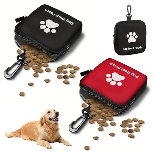 MNYXIS Lot de 2 Sac Friandises Chien Entraînement, Pochette Friandise Chien avec Fermeture Éclair et Mousqueton, Sacoche Portable pour Récompense et Dressage des Chiots, Noir et Rouge