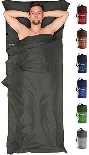 Fit-Flip Hüttenschlafsack Ultraleicht, Mikrofaser Schlafsack Inlay mit extra Kissenfach, Inlett Schlafsack seidig weich, Reiseschlafsack als auch Innenschlafsack, Anthrazitgrau