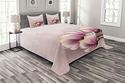 ABAKUHAUS Magnolie Tagesdecke Set, Fragile Blütenblätter, Set mit Kissenbezügen Sommerdecke, für Doppelbetten 264 x 220 cm, Baby Pink Braun und Rosa