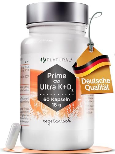 Platural® Vitamin K2 + K1 + D3-300 mcg K2 MK7 all-trans, 600 mcg Vitamin K1 und 1000 IE Vitamin D3– 60 vegane Kapseln – Trägt zur Erhaltung normaler Knochen & Muskelfunktion bei –Made in Germany