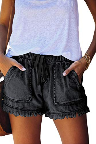 HVEPUO Linne- och bomullsshorts för damer, med elastiskt band, hotpants för sommaren, breda och korta byxor, A-svart, XL