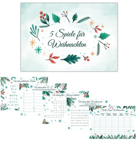 Weihnachtsspiele, 5 Spiele für Weihnachten (je 10 Stück), Weihnachtsquiz, Partyspiele Familie, 5 Weihnachtsrätsel zur Beschäftigung zu Weihnachten, Design Floral