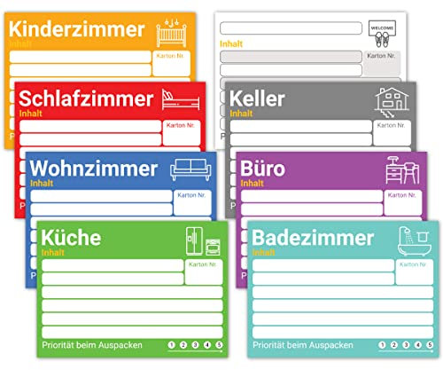 PICTALOO Umzugsetiketten im XL-Format - farbige Umzugsaufkleber zum Beschriften von Umzugskartons, organisierter Umzug durch 8 verschiedene Aufkleber – mehr Übersicht durch bunte Etiketten (80er Mix)