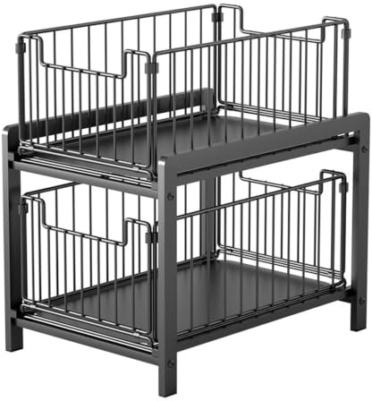 Organizador de 2 Niveles con Canastas Deslizantes para Debajo Fregadero, Almacenaje con Dos Cestas Extraíble de Metal para Armario, Estantería de Cocina 2 Cajones para Baño, Salón, Despensa