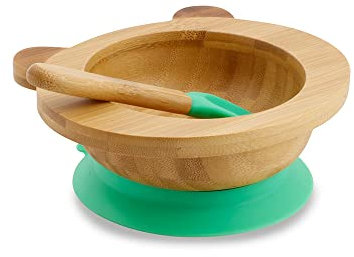 BIOZOYG Set con ciotola di bambù Orso Panda I Ciotola con base a ventosa e cucchiaio - certificato FSC I Splendida scodella in legno di bambù per bambini - ciotola da pappa e muesli rotonda verde