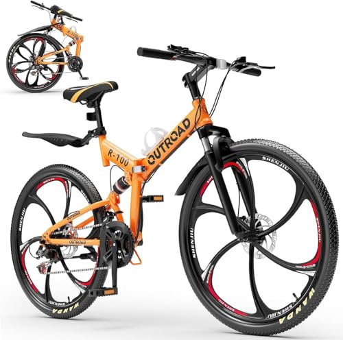 Outroad 26 Inch Folding Mountain Bike, 21 Speed Full Suspension High-Carbon Steel MTB Foldable Bicycle, Dual Disc Brake Non-Slip Folding Bikes for Adults/Men/Women, Orange