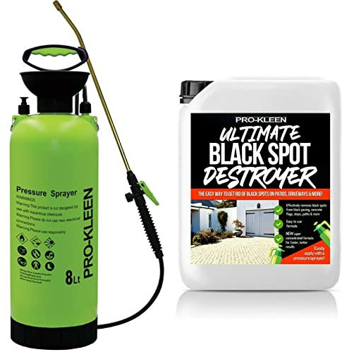 Pro-Kleen Patio Cleaner Garden Pressure Pump 8L Sprayer Manual Action - Brass Lance - 2 x Spare SealS & Black Spot Destroyer 5L - Weed Killer, Pesticides, Herbicides, Insecticides, Fungicides