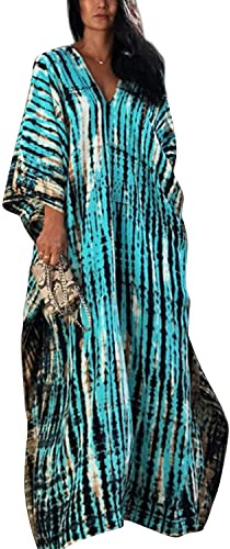 QUNERY Women Kaftan Bathing Suit Bikini Cover Up Free Size Caftans Long Tunic Beach Maxi Dresses Blue Green one Size