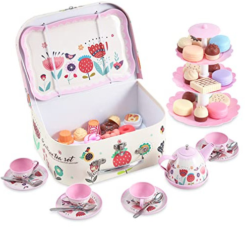 SA Products Kids Tea Set - 47-Piece Afternoon & Picnic Tea Set For Girls & Boys - Pretend Cups, Doughnuts, Cookies, Biscuits - Birthday For Children 3 to 8 Years Old