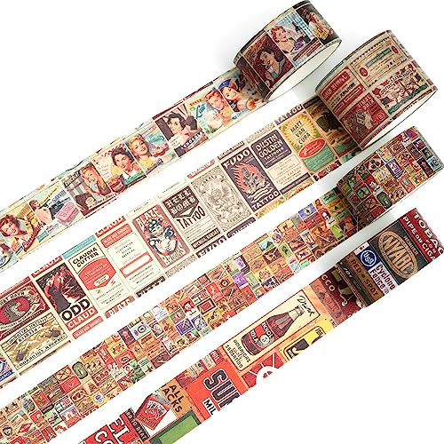 KAVI' S 4 rouleaux Washi Tape Set, Ruban Vintage Adhésif Décoratif Œuvre d’art inspirée Masking Tapes pour Arts, Bullet Journal, Scrapbooking, Bricolage, Emballage (Poster)