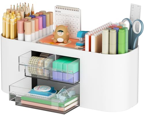 Marbrasse Desk Organizer Pen Holder for Desk with 3 Drawers, Multi-Functional Pencil Holder, Desk Organizers and Accessories with 7 Compartments for Home, School, Classroom(White)