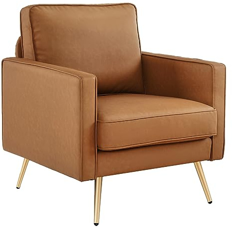 VINGLI Modern PU Leather Accent Chair for Living Room,Bedroom Comfy Chair Arm Chair Reading Chair with Golden Metal Legs and Deep Seat for Office,Apartment,Small Space,Cognac
