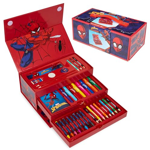 Marvel Juego de arte de Spiderman para niños, suministros de arte, pinturas, bolígrafos de colores, lápices de colores, crayones, estuche de transporte, artes y manualidades (rojo)