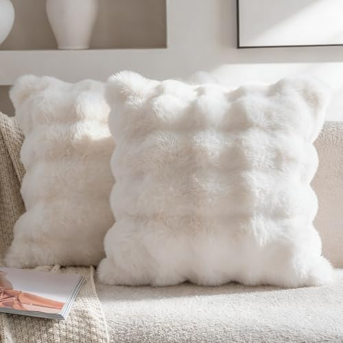 Neelvin 2er Set Decorative Kissenbezug Superweichen Plüsch Kurze Wolle Kissenhülle Luxus Zierkissenbezüge Sofakissen für Sofa Wohnzimmer Schlafzimmer 45x45cm Weiß
