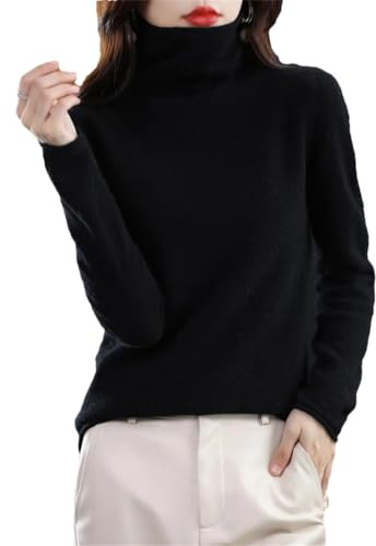 Suéter de cuello alto de lana merina 100% para mujer, color liso, de punto, básico, suave, tops de jersey, Negro, M