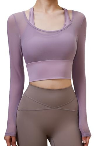 Harssidanzar 2 in 1 Yoga Manica Lunga per Donne Mesh Gym Athletic Tops Workout Camicie con Supporto Medio Reggiseno Sportivo CL301EU, Violette, Taglia M