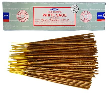 LAMARE Bastoncini di incenso Satya White Sage - 1 Confezione da 100 g (80-90 bastoni) - Aromaterapia - Meditazione - Yoga - Packaging EcoFriendly