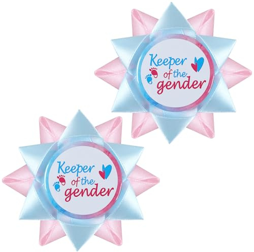 Yiaoyinnz 2PCS Keeper of the Gender Button Pins Light Blue and Pink Ribbon Pinback Button Baby Feet Hearts Button Badge Pinback for Gender Reveal Party Decor, Baby Showers, Pregnancy Announcements
