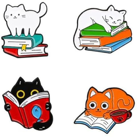 4pcs Cat Reading Series Enamel Pins, Cute Animal Cat Brooch - Cute and Stylish Badges Cat Reading Book Collar Pin Cartoon DIY Decorative Lapel Metal Badges Pin Book Lovers Jewelry Gifts Women Men Kid