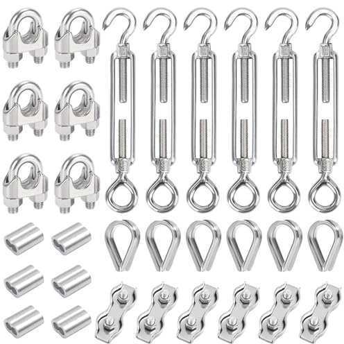 Forbabe Juego de 30 tensores con tensor de cable M6 de acero inoxidable, abrazadera de cable de alambre de 3 mm, abrazaderas de cable dúplex de 3 mm, cable de alambre de 3 mm y manguitos de compresión