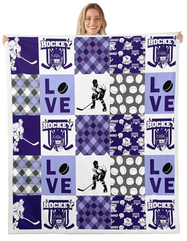 Ball Sports Fleece Blanket Teen Boy Ice Hockey Sherpa Blanket 90x90, Hockey Puck Games European Sport Fan Balls Player Fuzzy Plush Throw,Purple