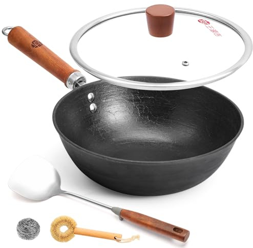 WANGYUANJI Cast Iron Wok Pan with Lid, 10.2 Inch Small Flat Bottom Stir Fry Skillet, Uncoated Traditional Chinese Iron Pot for 1-2 People, Compatible with Induction & Gas Stoves