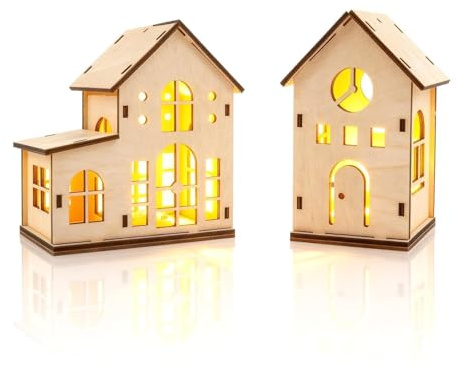 Aitsite LED Holz Weihnachtshaus, Miniatur Haus Deko, Weihnachtsdeko Holz Haus mit LED Leucht Beleuchtet, Adventsdeko Dekorationen für Weihnachten DIY Holzhütte Ornamente für Weihnachtsbaum Fenster