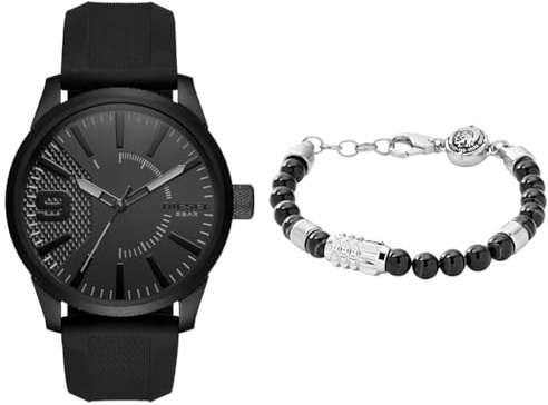 Diesel Herren Rasp Schwarze Silikonuhr und Edelstahl Armband, Set