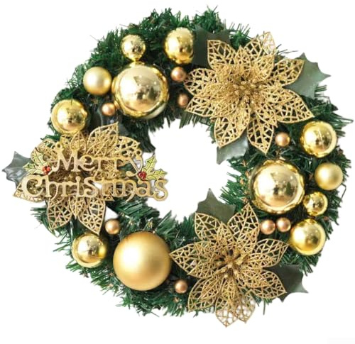 Ghirlanda per porta in PVC con ago di pino e pigna, con fiocco per decorazione stagionale, 30 cm, colore: oro