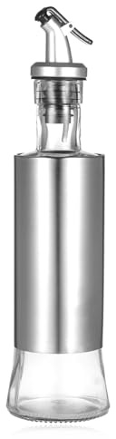 SanfoelekOlive Oil Dispenser Glass and Stainless Steel Bottle Drizzler Vinegar and Oil Cruet with Pourer Drip- Spout for Kitchen 300ml 10oz