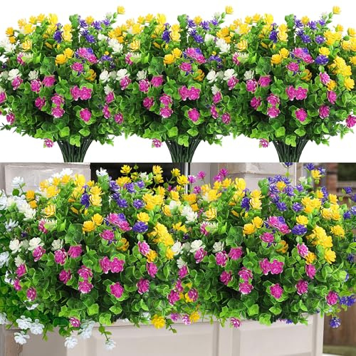 Artifolia Artificial Flowers Outdoor 12 Bundles, UV Resistant Fake Plants | Realistic Plastic, 4 Vibrant Colors No Fade, No Watering or Pruning, for Garden Porch Hanging Planter Window Graveside