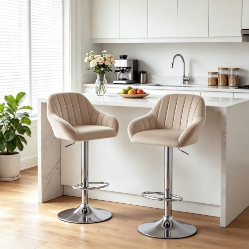 Relbiety Tabouret Bar Lot de 2 Fauteuil de Bar Velours Réglable,Brun Clair | Chaise de bar Avec Dossier Accoudoirs,Chaise Haute Cuisine Pivotante à 360°,Convient Pour Les Cuisines et Les Bars