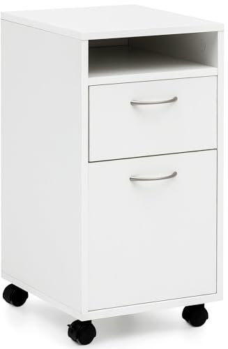 FineBuy Rollcontainer 33x63x38 cm Schreibtisch-Unterschrank Holz, Roll-Kommode Modern, Bürocontainer Schubladenschrank mit Tür, Kleiner Schreibtischschrank mit Rollen Weiß