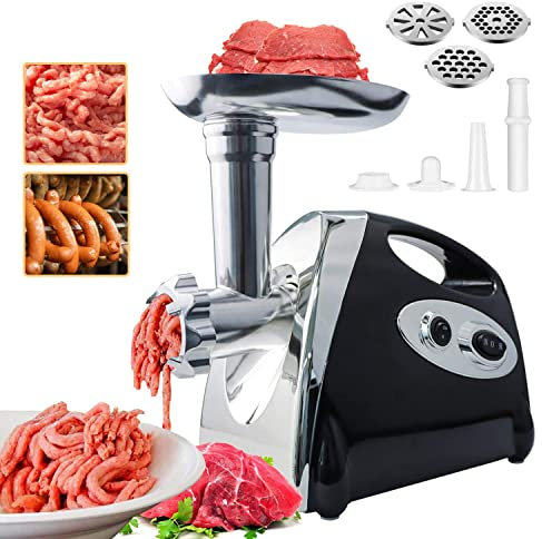 BenRich Electric Meat Grinder Mincer Max 2800W Copper Motor - 3 Grinding Plates & Kibbe Attachment for Sausage Making, Meat Mincing, Food Processing (Black)
