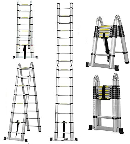 5M Scala Alluminio Telescopica Pieghevole(2.5M+2.5M), Portable Estensione Scala Retrattile per Soppalco Esterno, Scaletta Pieghevole Scala Multiuso 16 Gradini, Norme EN131, Capacità 150kg