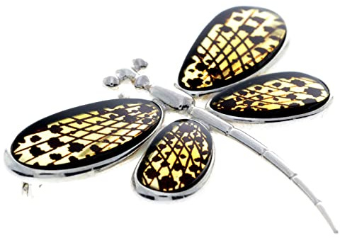 Broche de plata de ley 925 y ámbar báltico auténtico, grabado con láser, diseño de mariposa, Plata esterlina, Ámbar