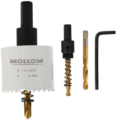 Mollom (45mm | 1-3/4) HSS M42 con 8% de cobalto,Sierra de Corona Bi-Metal con 2 Brocas Piloto y Arbor para Corte Suave en PVC,Pladur,Madera,Plástico,Yeso,Goma