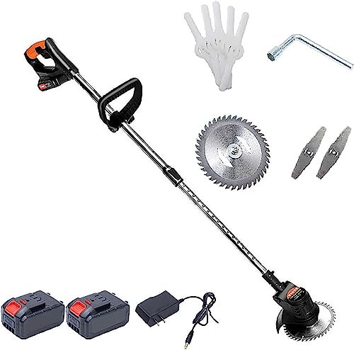 Tondeuse sans fil, tondeuse à gazon électrique portative 24 V avec 3 styles de lames, 2 batteries, 1 chargeur, longueur réglable, tête de machine, désherbeur d'angle.