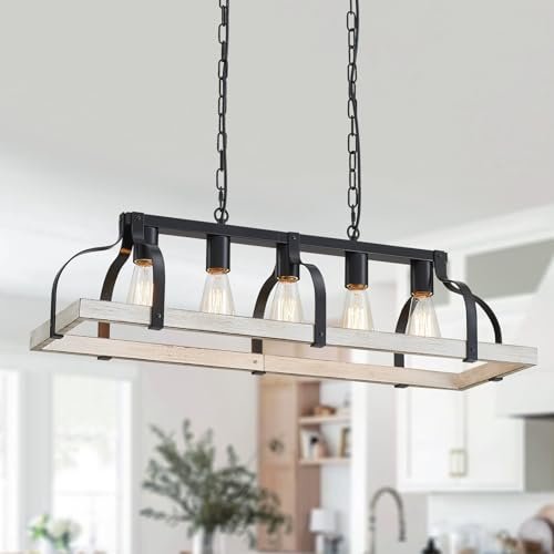 WUZUPS Lámpara colgante lineal de 5 luces de araña de metal ligero imitación grano de madera iluminación de techo rústico granja grifo cocina isla comedor base E27 negro y blanco antiguo