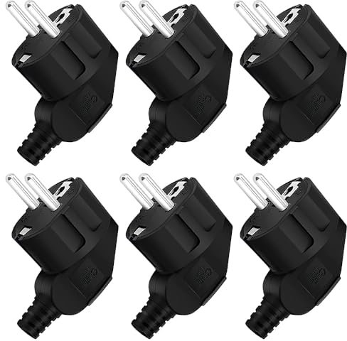 LUFEIS Schuko Stecker, 6 Stücke Schukostecker, Schutzkontakt-Stecker mit Knickschutztülle, Stecker Winkelstecker 250V (16A) Aussenbereich, Schutzkontakt Stecker für 8-10mm Kabel IP44, Schwarz