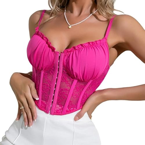 Haibang Debardeur Femme Eté en Dentelle Sexy Col en V Haut Court Chic Bretelles Spaghetti Crop Top Coupe Ajustée Corset Dentel Cami Tank Tops Chemisier Tendance Streewear Clubwear