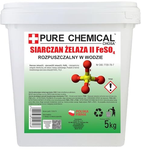 CHOSA Solfato di Ferro 5 kg - Solfato Ferroso 99,99% Puro - Ferro(II) Solfato Idrosolubile - FeSO4 Senza Additivi, Scorrevole e Non Agglomerante - Secchio da 5000 g