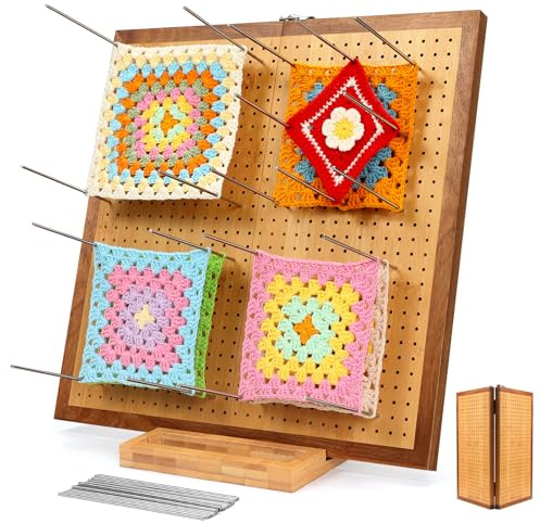 NewEle 15.5 Foldable Crochet Blocking Board with 35 Stainless Steel Pegs - Upgrade Large Blocking Board for Crochet Projects, Bamboo Granny Square Crocheting Accessories Gifts for Crocheters