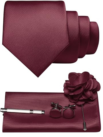JEMYGINS Corbata de sarga monocolor, incluye gemelos cuadrados, pinza y broche floral, set de regalo para fiestas, negocios, bodas