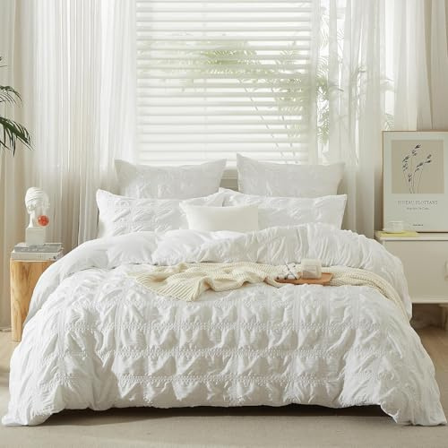 YASMENG Seersucker Housse de Couette 240 x 260 Blanc Grand À Carreaux Été | Seersucker Parure de Lit 240 x 260 Doux Linge de Lit 2 Personne Adulte avec Fermeture Éclair avec Taies d'oreiller 65x65 cm
