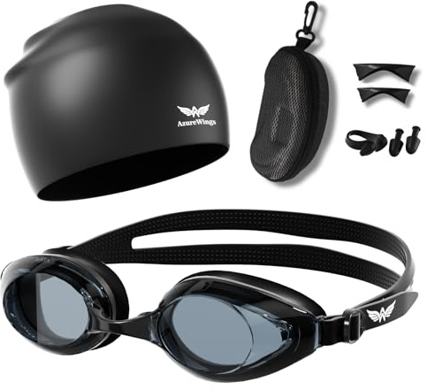 AzureWings Swim Goggles + Swim Cap Women Men Adult Kit, Anti-Fog UV No Leak - Upgraded HD Racing Goggles Swimming for Men & Women, Black-Smoke + Cap