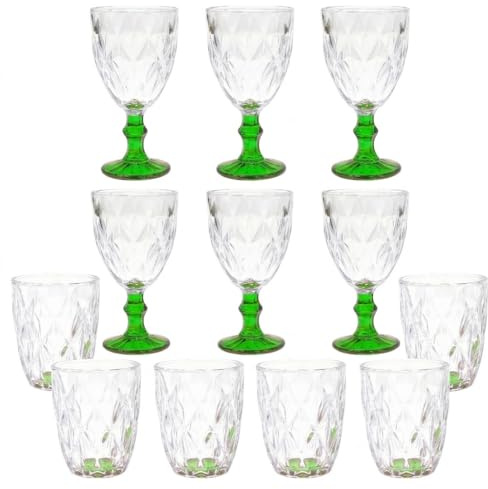 Set 12 Bicchieri 6 acqua 6 vino calici con piede in Vetro trasparente verde da tavola Eleganti Stile Raffinatezza in casa per Ogni Tavola e Occasione bar hotel ristorante