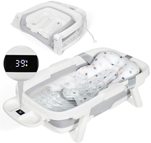 Orzbow Baignoire Pliable Bébé, Grande Baignoire Bebe Portable avec Thermomètre pour Enfants de 0 à 6 Ans, Coussin Doux, Plateau 3-en-1, Durable, Trou de Drain, Idéale pour Voyage, Gris
