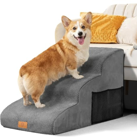 Masthome Curved Dog Steps 40cm H, 3-Step Waterproof Pet Ramp for Bed & Sofa | Gentle Slope, Non-Slip, High Density Sturdy Foam, Washable & Removable Cover, No Assembly, for Small Senior Dogs and Cats